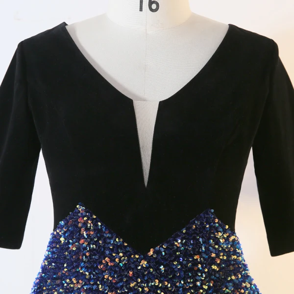 Étourdissant Scintillantes Noire Grande Taille Robe De Fete 2020 Princesse 1/2 Manches Col v profond Perlage Paillettes Mi-Longues de retour Soirée Été Robe De Ceremonie