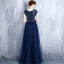 Modern / Fashion Navy Blue Evening Dresses  2017 Sparkly U-Neck Lace Striped Rhinestone Evening Party A-Line / Princess Formal Dresses