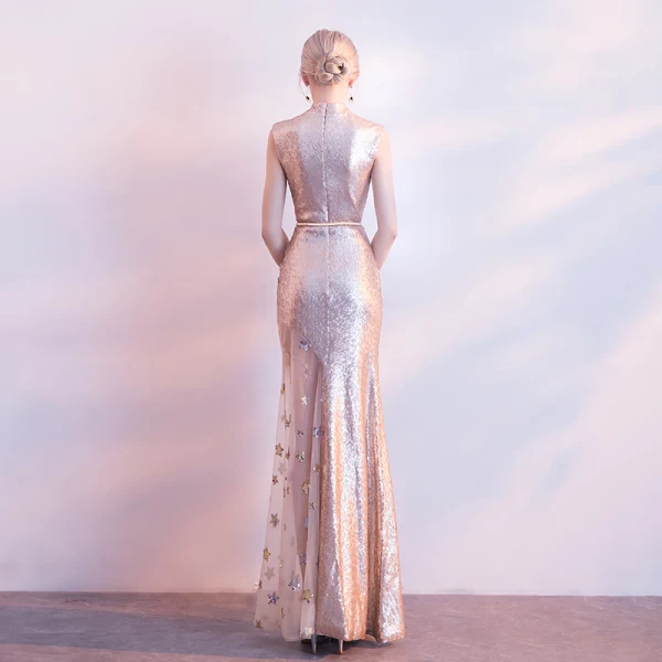 Scintillantes Champagne Robe De Soirée 2017 Trompette / Sirène Perlage Glitter Perle Paillettes Soirée Robe De Ceremonie
