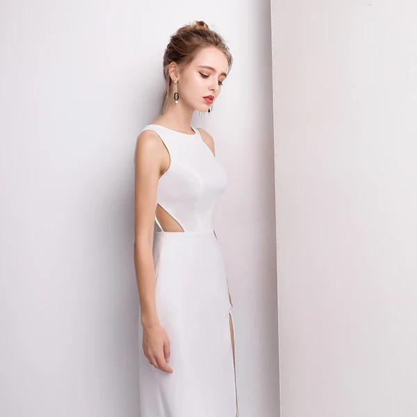 Modest / Simple White Evening Dresses  2018 A-Line / Princess Floor-Length / Long U-Neck Zipper Polyester Evening Party Formal Dresses