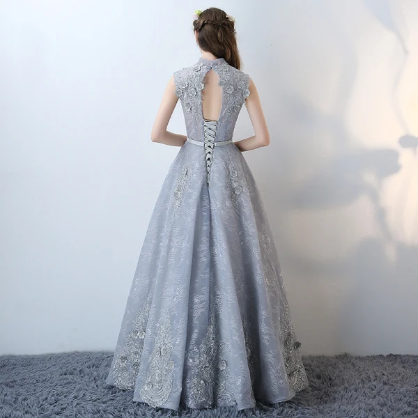 Chic / Beautiful Evening Dresses Grey 2017 V-Neck Crossed Straps Appliques Backless Embroidered Leopard Print Printing Charmeuse Lace Cocktail Party Evening Party Sleeveless A-Line / Princess