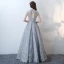 Chic / Beautiful Evening Dresses  Grey 2017 V-Neck Crossed Straps Appliques Backless Embroidered Leopard Print Printing Charmeuse Lace Cocktail Party Evening Party Sleeveless A-Line / Princess