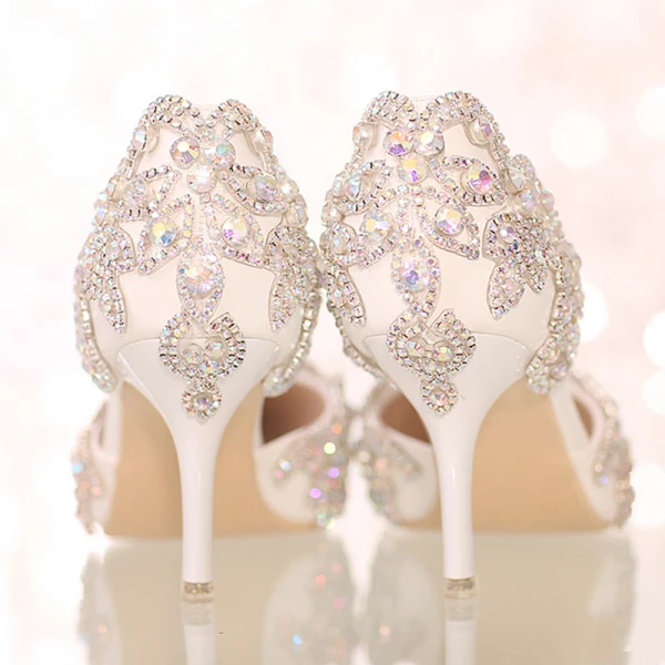 Schöne Weiß 2018 7 cm Hochhackige Spitzschuh Perlenstickerei Kristall Strass Hochzeit Ball Stilettos Brautschuhe