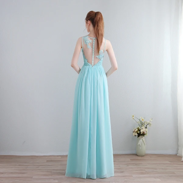 Modern / Fashion Pool Blue Floor-Length / Long Evening Dresses 2018 U-Neck Chiffon Appliques Backless Beading Pearl Pierced Evening Party Formal Dresses