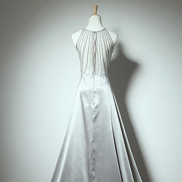Amazing / Unique Grey Court Train Evening Dresses 2018 Charmeuse A-Line / Princess U-Neck Zipper Up Backless Beading Evening Party Formal Dresses