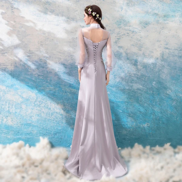 Luxury / Gorgeous Grey 2018 Evening Dresses Summer Trumpet / Mermaid Tulle Lace High Neck Floor-Length / Long Long Sleeve Beading Appliques Backless Evening Party Formal Dresses