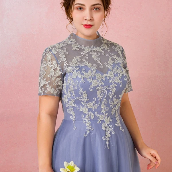 Chic / Beautiful Ocean Blue Plus Size Prom Dresses 2018 A-Line / Princess Summer Short Sleeve Tulle Lace-up Scoop Neck Crossed Straps Appliques Backless Evening Party Evening Dresses