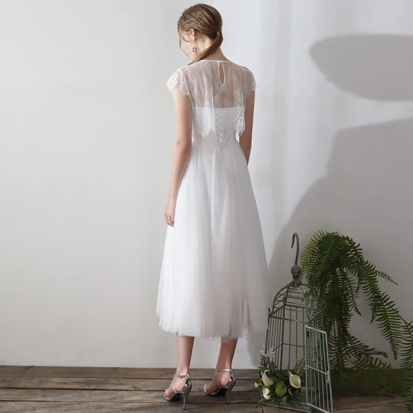 Classic Elegant White Tea-length Evening Dresses 2018 A-Line / Princess Tulle Lace-up With Shawl Evening Party Formal Dresses