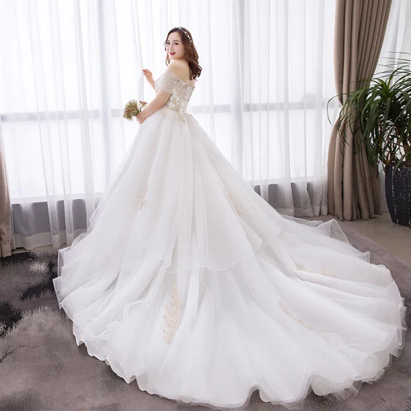 Chic / Belle Blanche Robe Boule Grande Taille Robe De Mariée 2019 Dentelle Tulle Appliques Dos Nu Faux Diamant Bustier Chapel Train Mariage