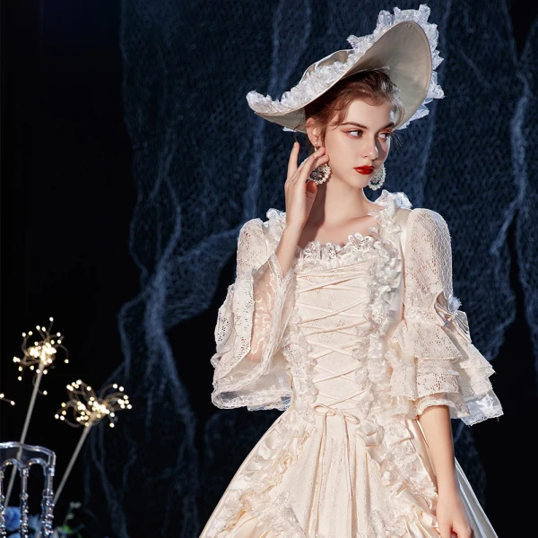 Vintage / Retro Medieval Champagne Ball Gown Prom Dresses 2021 Square Neckline Zipper Up 3/4 Sleeve Floor-Length / Long Handmade Beading Cosplay Formal Dresses