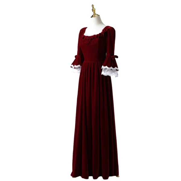 Vintage / Retro Medieval Navy Blue Evening Dresses  2021 A-Line / Princess Square Neckline 3/4 Sleeve Lace Floor-Length / Long Lace Satin Tulle Evening Party Formal Dresses