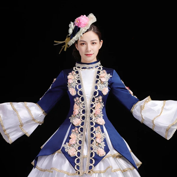 Vintage / Retro Medieval White Navy Blue Ball Gown Prom Dresses 2021 Long Sleeve High Neck Floor-Length / Long 3D Lace Embroidered Flower Cosplay Prom Formal Dresses