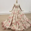 Eye-catching Flower Fairy Multi-Colors Ball Gown Wedding Dresses 2020 U-Neck Floor-Length / Long Long Sleeve Handmade  3D Lace Ankle Strap Appliques Backless Crystal Sequins Wedding