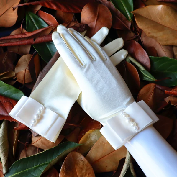 Luxury / Gorgeous Ivory Bridal Gloves 2020 Satin Beading Pearl Prom Wedding Accessories