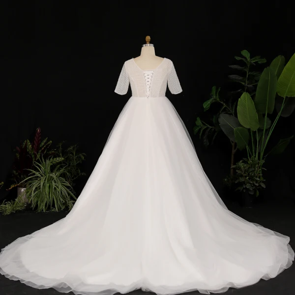 Unique Ivory / Creme Plus Größe Ballkleid Brautkleider / Hochzeitskleider 2021 V-Ausschnitt Gekreuzte Träger Kurze Ärmel Rückenfreies Glanz Pailletten Einfarbig Kapelle-Schleppe Hochzeit