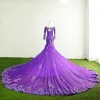 Chic / Beautiful Purple Evening Dresses  2017 Square Neckline Long Sleeve Appliques Lace Trumpet / Mermaid Formal Dresses