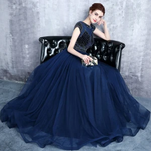 Moderne Mode Bleu Marine Robe De Soirée 2017 Scintillantes U Cou Dentelle Rayé Faux Diamant Soirée Princesse Robe De Ceremonie