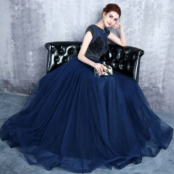 Modern Fashion Navy Blue Evening Dresses 2017 Sparkly U Neck Lace Striped Rhinestone Evening Party A Line Princess Formal Dresses