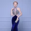 Modern / Fashion Navy Blue Evening Dresses  2018 Trumpet / Mermaid High Neck Tulle Backless Beading Rhinestone Evening Party Formal Dresses