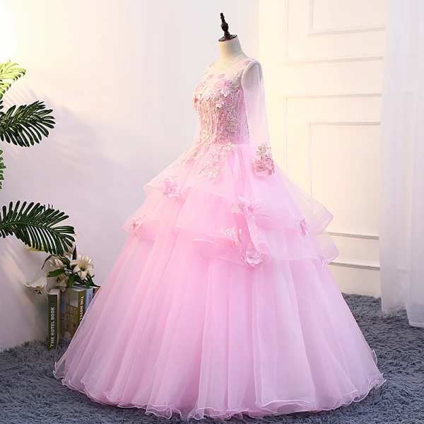 Flower Fairy Candy Pink Prom Dresses 2018 U-Neck Tulle Ball Gown Appliques Backless Beading Prom Formal Dresses