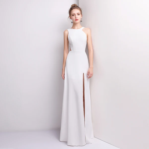 Modest / Simple White Evening Dresses  2018 A-Line / Princess Floor-Length / Long U-Neck Zipper Polyester Evening Party Formal Dresses