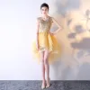 Luxury / Gorgeous Gold Graduation Dresses 2017 U-Neck Lace Appliques Strappy Backless Homecoming Cocktail Dresses