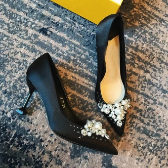 Chic Beautiful Black 8 Cm 3 Inch High Heels 2018 Beading Pearl Pointed Toe Evening Party Cocktail Party Womens Shoes