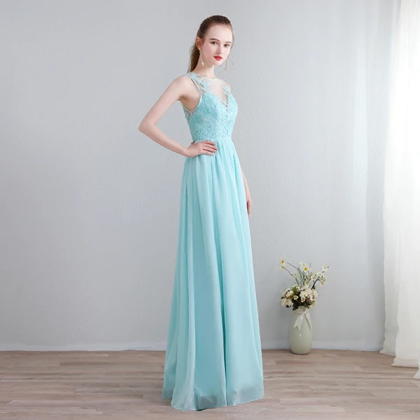Modern / Fashion Pool Blue Floor-Length / Long Evening Dresses 2018 U-Neck Chiffon Appliques Backless Beading Pearl Pierced Evening Party Formal Dresses