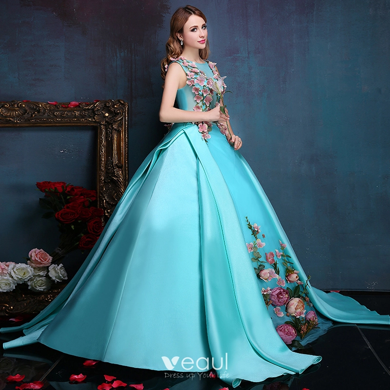 Green Mint Tulle Fairy Prom Ball Gown. Blue Turquoise Floral