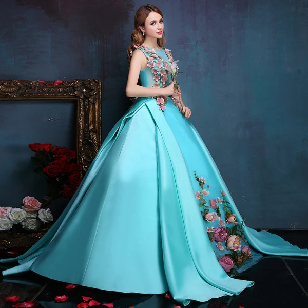 Flower Fairy Jade Green Floor-Length / Long Ball Gown Prom Dresses 2018 Ankle Strap Charmeuse U-Neck Appliques Formal Dresses