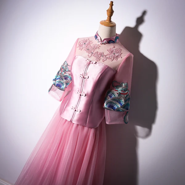 Chinese style Candy Pink Floor-Length / Long Evening Dresses 2018 A-Line / Princess High Neck Tulle Appliques Backless Beading Rhinestone Evening Party Formal Dresses