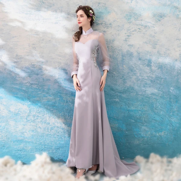 Luxury / Gorgeous Grey 2018 Evening Dresses Summer Trumpet / Mermaid Tulle Lace High Neck Floor-Length / Long Long Sleeve Beading Appliques Backless Evening Party Formal Dresses