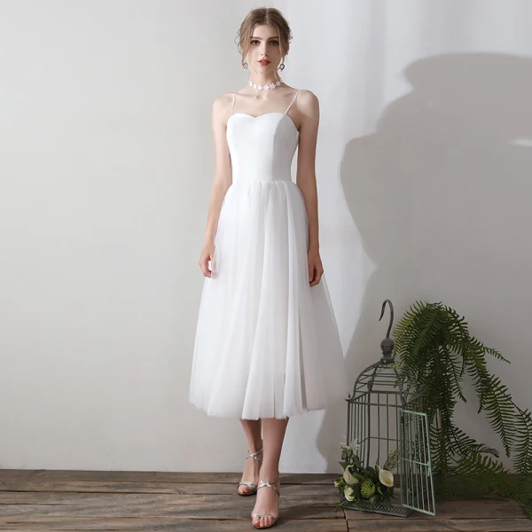 Classic Elegant White Tea-length Evening Dresses 2018 A-Line / Princess Tulle Lace-up With Shawl Evening Party Formal Dresses Classic Elegant White Tea-length Evening Dresses 2018 A-Line / Princess Tulle Lace-up With Shawl Evening Party Formal Dresses
