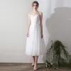 Klassisch Elegante Weiß Wadenlang Abendkleider 2018 A Linie Tülle Schnüren Mit Schal Abend Festliche Kleider