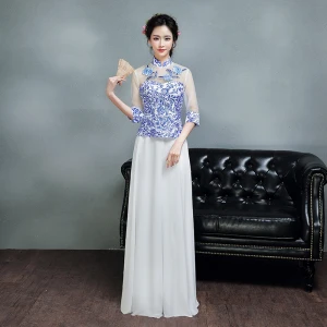 Chinese Style Royal Blue Floor Length Long Evening Dresses 2018 A Line Princess 3 4 Sleeve Backless Printing Tulle Evening Party Formal Dresses