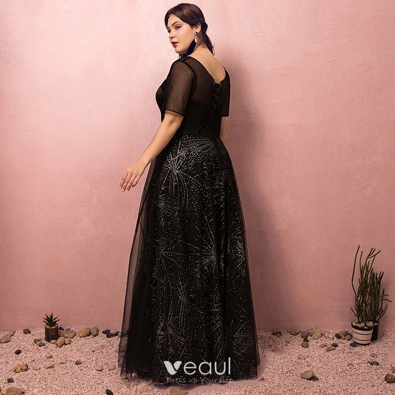 Plus Size Prom Long Black Mermaid Dress With Sleeves - Bridelily