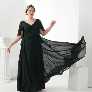 Classic Elegant Plus Size Evening Dresses 2018 V Neck A Line Princess Chiffon Black Zipper Up Appliques Backless Beading Evening Party Prom Dresses