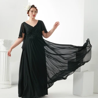 Klassisk Eleganta Extra Stor Storlek Aftonklänningar 2018 V Hals Prinsessa Chiffong Svarta Dragkedja Appliqués Halterneck Beading Afton Balklänningar