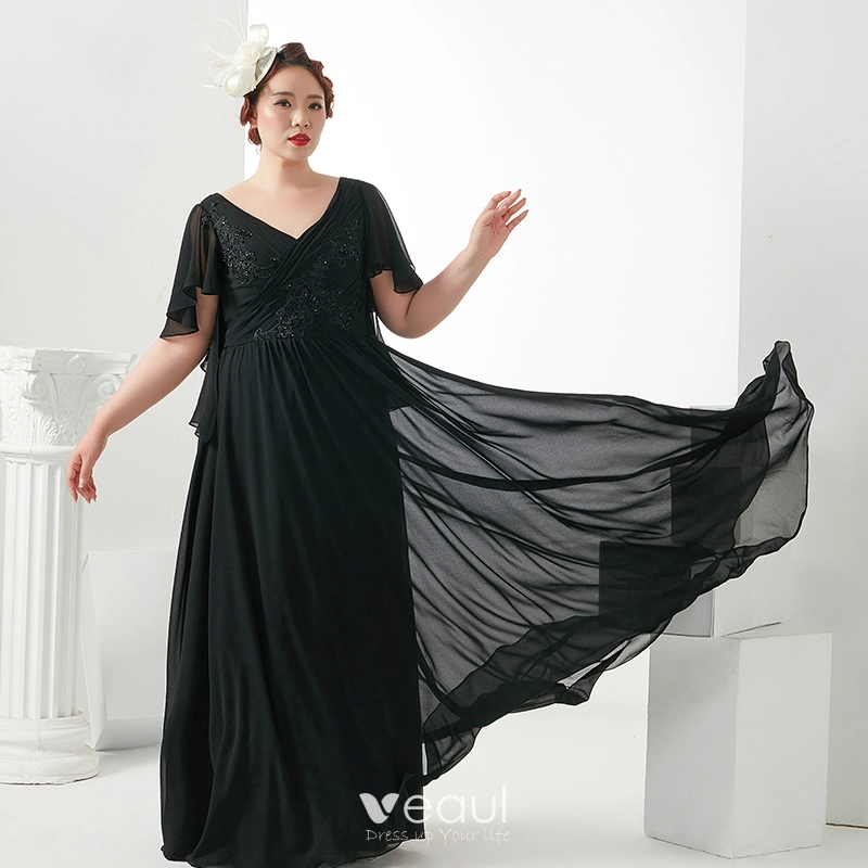 Classique Elegant Grande Taille Robe De Soiree 2018 V Cou Princesse Chiffon Noire Fermeture eclair Appliques Dos Nu Perlage Soiree Robe De Bal