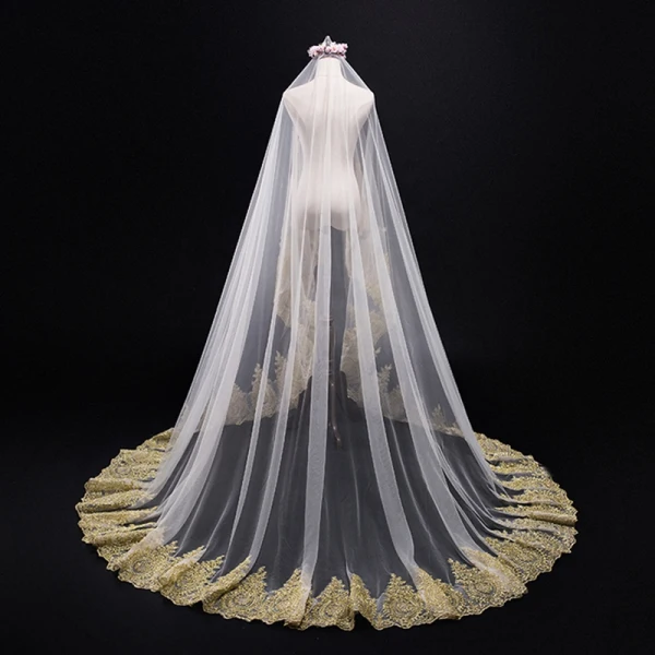 Unique Champagne Mariage Tulle En Dentelle Appliques Voile De Mariée 2018