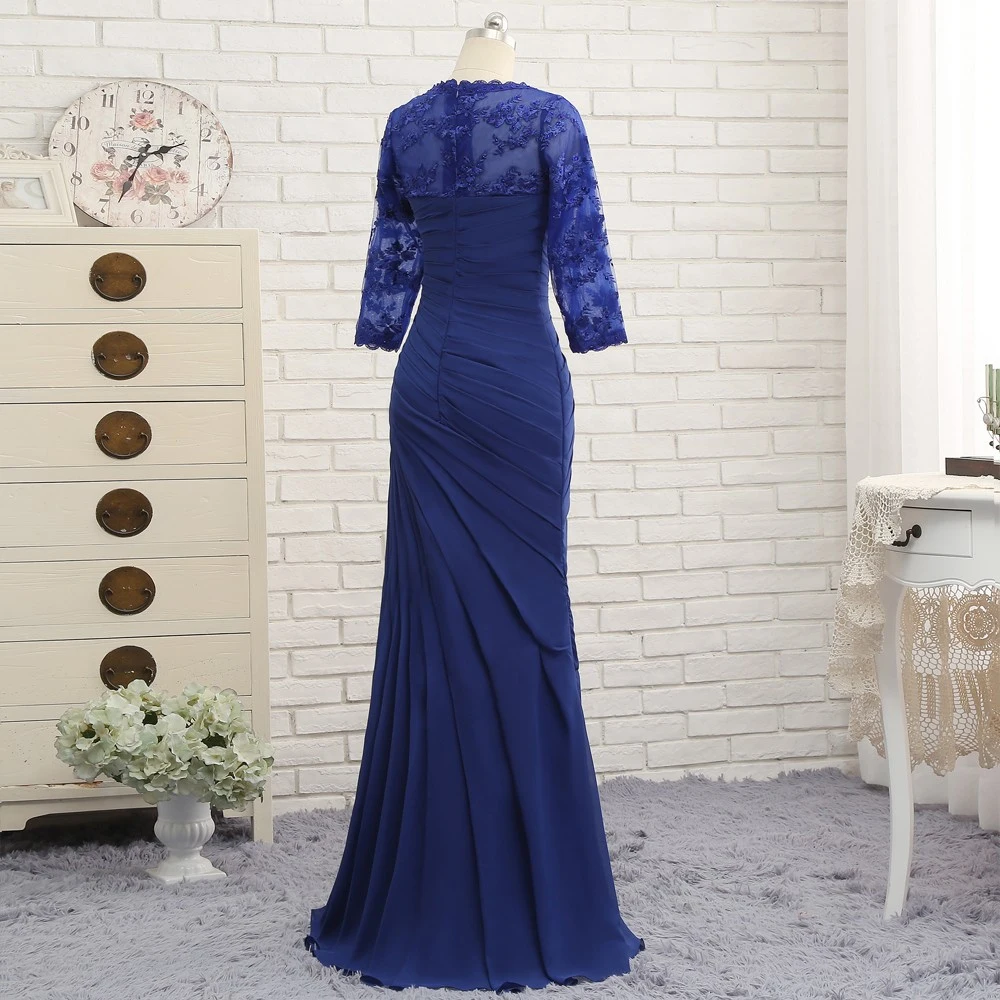 Vintage Retro Royal Blue Mother Of The Bride Dresses 2019 Lace Chiffon V  Neck Appliques Beading Embroidered Rhinestone Sweep Train Church Trumpet  Mermaid Wedding Party Dresses