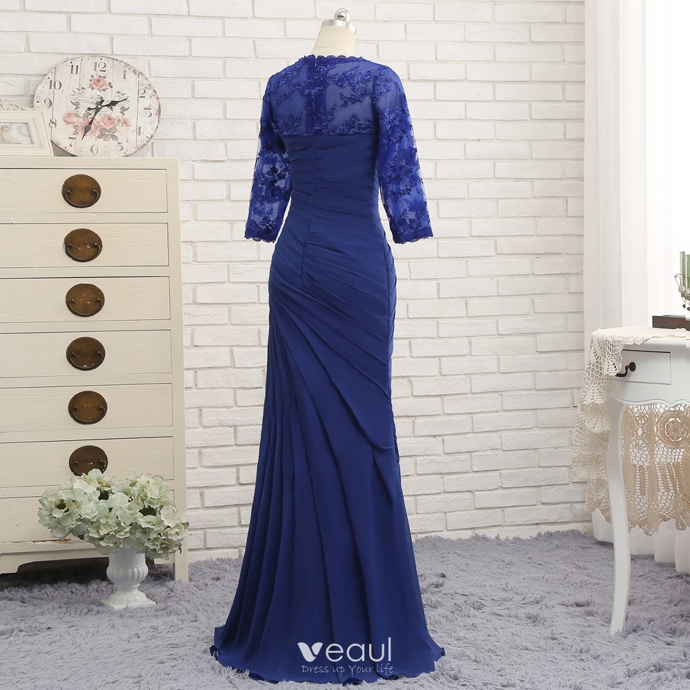 Vintage Retro Royal Blue Mother of The Bride Dresses 2019 Lace Chiffon V Neck Appliques