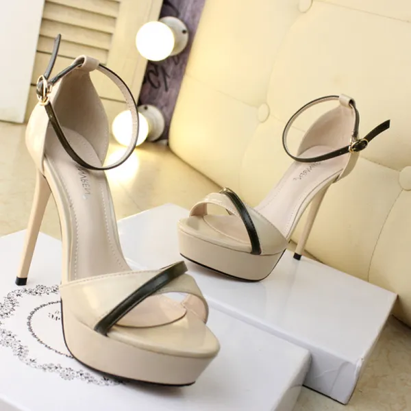 Chic / Beautiful Beige High Heels Sandals 2019 Summer Beach Cocktail Party Evening Party Strappy X-Strap 12 cm Stiletto Heels Womens Shoes