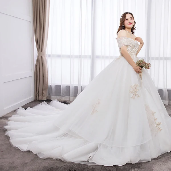 Chic / Belle Blanche Robe Boule Grande Taille Robe De Mariée 2019 Dentelle Tulle Appliques Dos Nu Faux Diamant Bustier Chapel Train Mariage