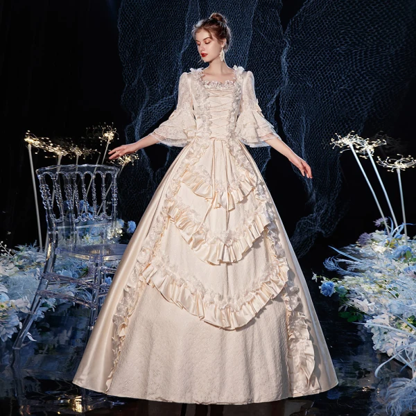 Vintage / Retro Medieval Champagne Ball Gown Prom Dresses 2021 Square Neckline Zipper Up 3/4 Sleeve Floor-Length / Long Handmade Beading Cosplay Formal Dresses