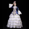 Vintage / Retro Medieval White Navy Blue Ball Gown Prom Dresses 2021 Long Sleeve High Neck Floor-Length / Long 3D Lace Embroidered Flower Cosplay Prom Formal Dresses
