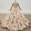 Eye-catching Flower Fairy Multi-Colors Ball Gown Wedding Dresses 2020 U-Neck Floor-Length / Long Long Sleeve Handmade  3D Lace Ankle Strap Appliques Backless Crystal Sequins Wedding