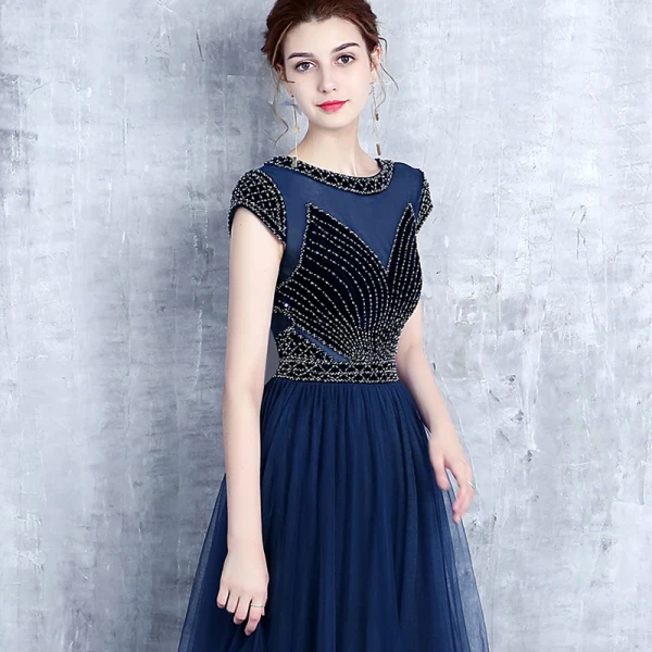 Modern / Fashion Navy Blue Evening Dresses 2017 Sparkly U-Neck Lace Striped Rhinestone Evening Party A-Line / Princess Formal Dresses