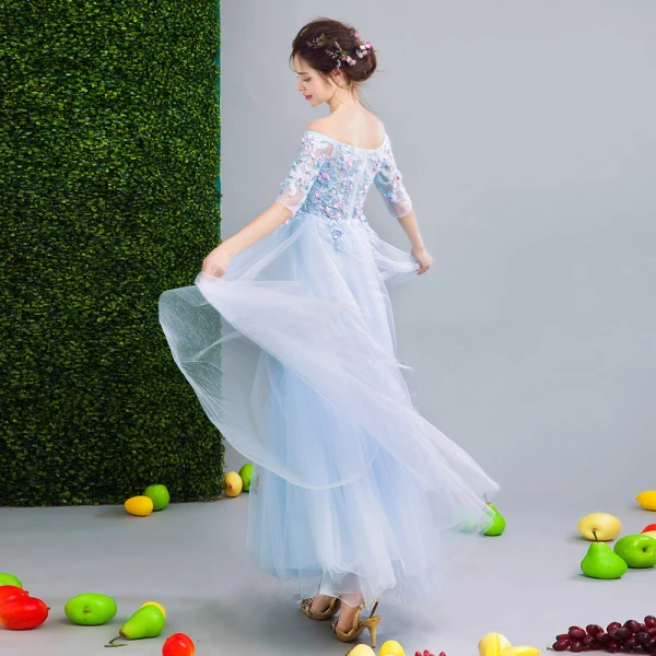 Chic / Beautiful Sky Blue Evening Dresses 2017 A-Line / Princess Strapless Lace 1/2 Sleeves Appliques Embroidered Handmade Evening Party Party Dresses