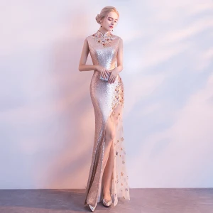 Sparkly Champagne Selskapskjoler 2017 Trompet Havfrue Beading Glitter Perle Paljetter Aften Formelle Kjoler